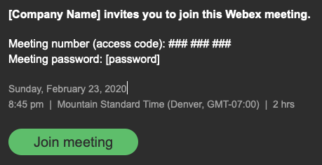 Webex Meeting email invitation