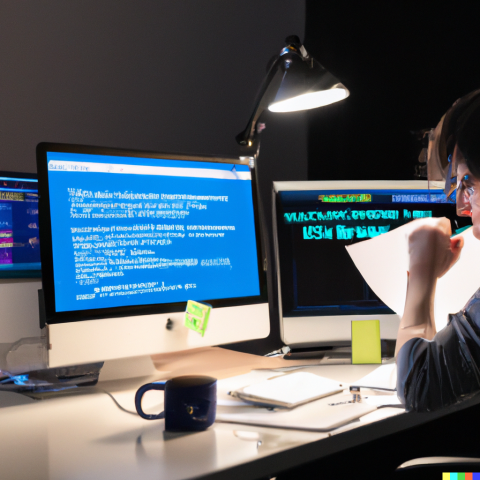 DALL-E developer in his desk with macos terminal decoding certificate files
