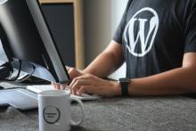 Person wearing WordPress shirt in front of computer